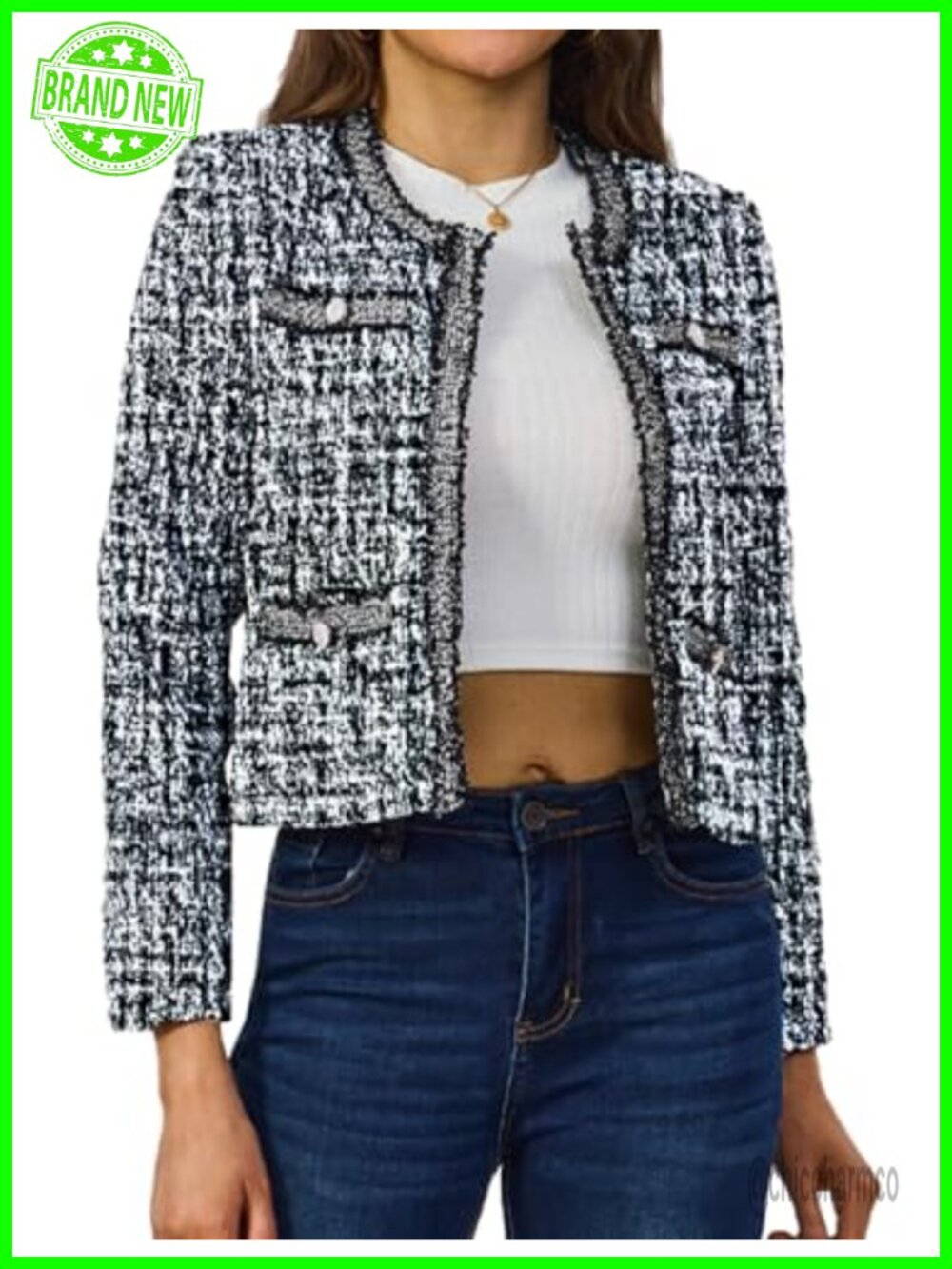 Tweed Cropped Blazer Crewneck Lace Trim Business Casual